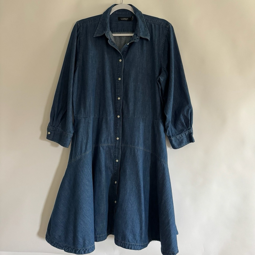 Lauren Ralph Lauren Women Denim Button Down Dress 16 Lng Sleeve Country Cowgirl